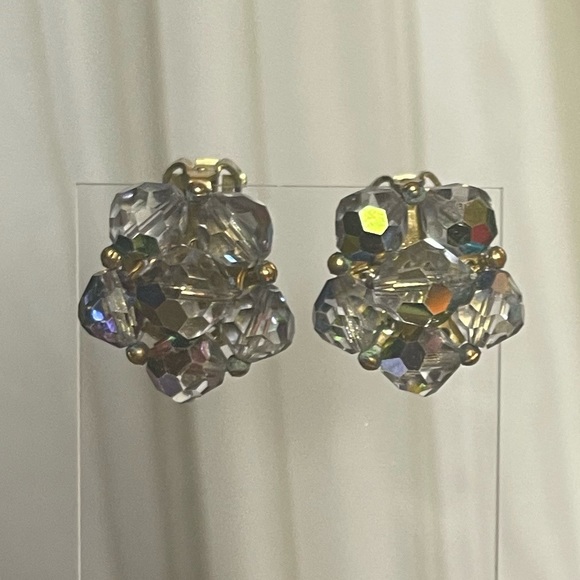 Vintage Art Deco AB Crystal Clip On Earrings - Picture 2 of 9